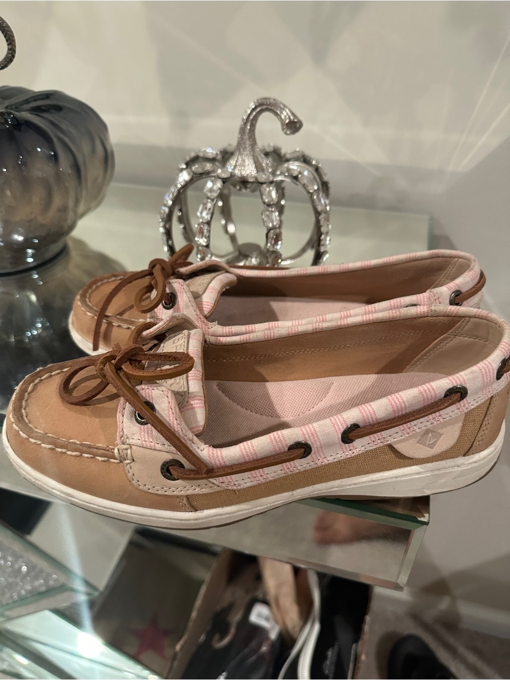 Sperry Pink and Tan Striped Boat Moccasins